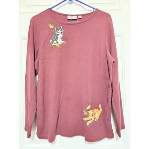 Quacker  factory Fall Leaves Cats Maroon   Long Sleeve Top Size Large